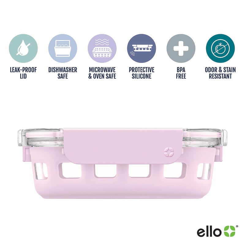 Ello حاوية تحضير الوجبات من إيلو دوراجلاس، 1.75 كوب - حاوية تخزين طعام زجاجية مع غلاف سيليكون وغطاء بلاستيكي خالي من BPA محكم الإغلاق، آمنة في غسالة الصحون والميكروويف والفريزر، وردي كشمير - Image 2